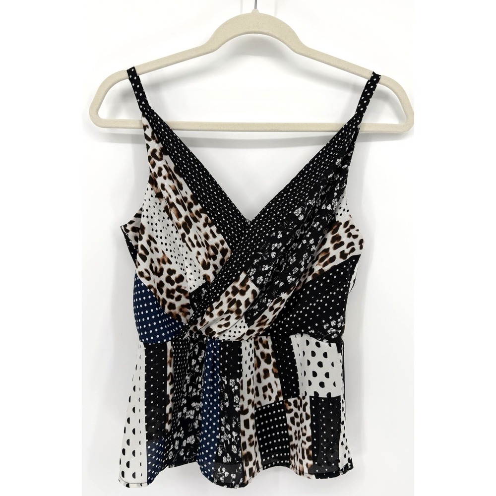 CAbi Crossover Cami Top Size 2 Mixed Print Blouse Tank Animal Patchwork Eclectic